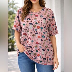 SHEIN Pink Mushroom Graphic Short Sleeve Tee